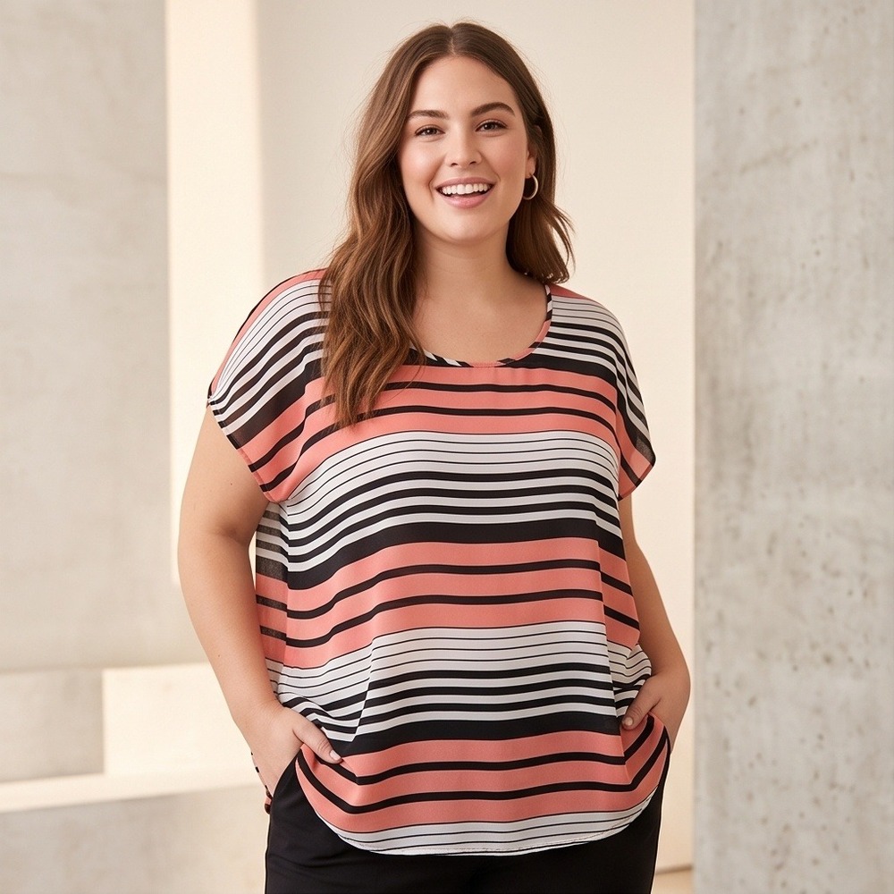 Torrid Womens 4 Pink Black White Striped Chiffon Button Back Dolman Blouse 4X